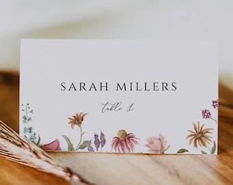 Wildflower Wedding place card template, Summer Floral wedding name card, Editable Printable Botanical wedding name tags, CORJL