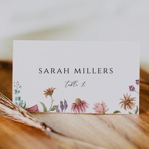 Wildflower Wedding place card template, Summer Floral wedding name card, Editable Printable Botanical wedding name tags, CORJL