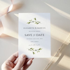 Greenery Save the Date Hochzeitseinladung, Datumsankündigungskartenvorlage, Empfangseinladungsvorlage, digitaler Download, Bearbeiten mit Corjl Bild 4