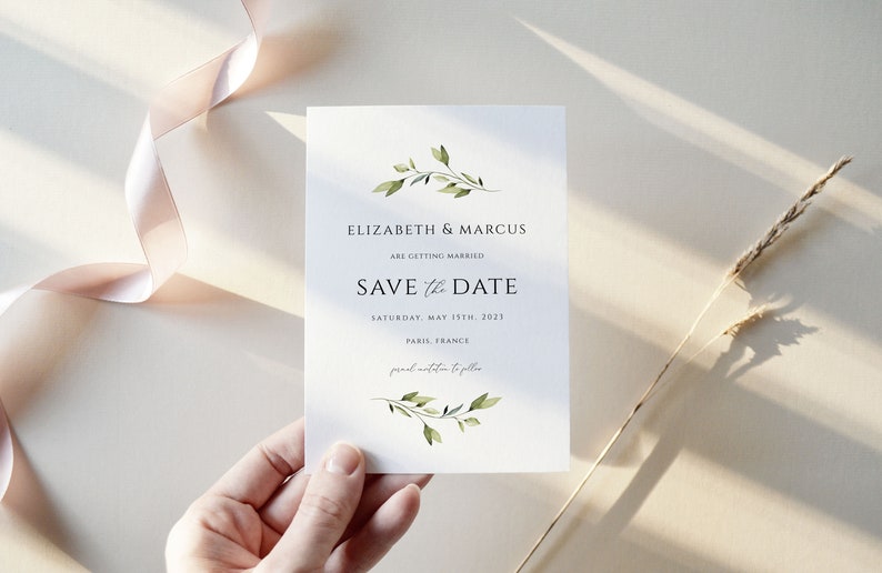 Greenery Save the Date Hochzeitseinladung, Datumsankündigungskartenvorlage, Empfangseinladungsvorlage, digitaler Download, Bearbeiten mit Corjl Bild 4