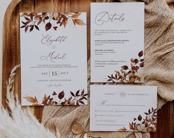 BOHO Fall Wedding Invitation Template, Autumn Leaves and Greenery, INSTANT Download Editable Suite, Printable Marriage, Fall Bundle