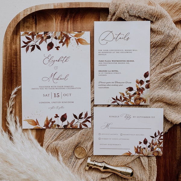 BOHO Herbst-Hochzeitseinladungsvorlage, Herbstblätter und Grün, SOFORT-Download bearbeitbare Suite, druckbare Hochzeit, Herbstpaket