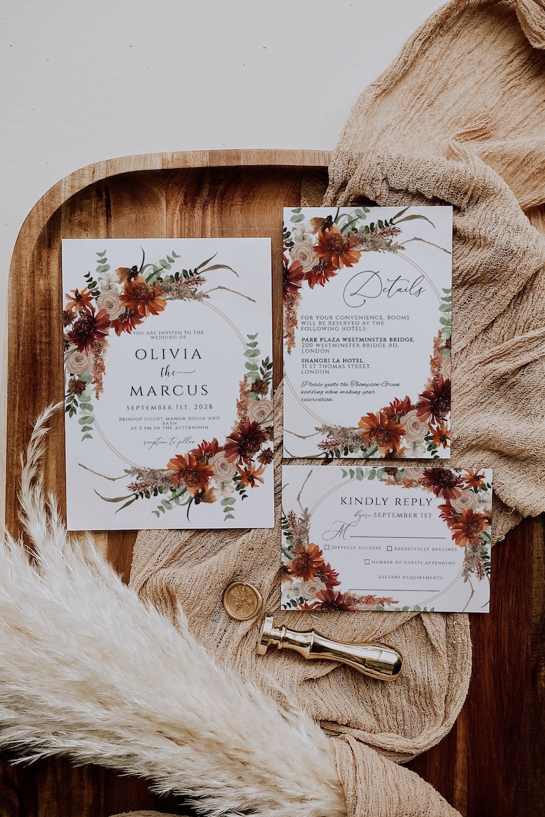 Fall Floral Wedding Invitation Set, Editable Template (digital Download ...