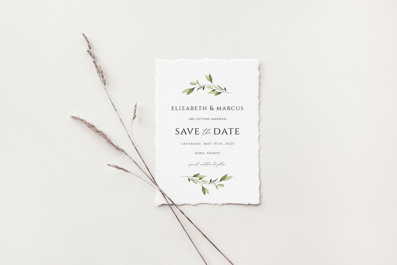 Greenery Save the Date Hochzeitseinladung, Datumsankündigungskartenvorlage, Empfangseinladungsvorlage, digitaler Download, Bearbeiten mit Corjl Bild 3