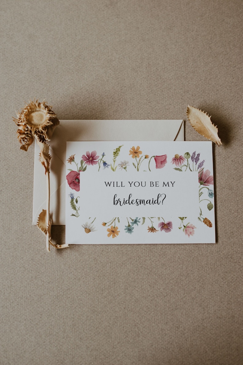 Wildflower Bridesmaid Proposal Card Template, Printable Will You Be My Bridesmaid Card, Boho Floral Bridesmaid Proposal invite, DIY image 1