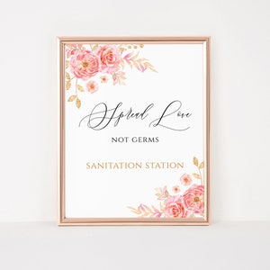 Spread Love Not Germs Sign Template, Blush Pink Floral Bridal Shower, Wedding Sign Printable, Instant Download, PDF file