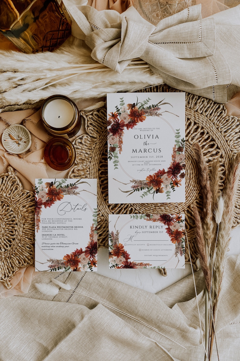 Fall Floral Wedding Invitation Set, Editable Template (digital Download ...