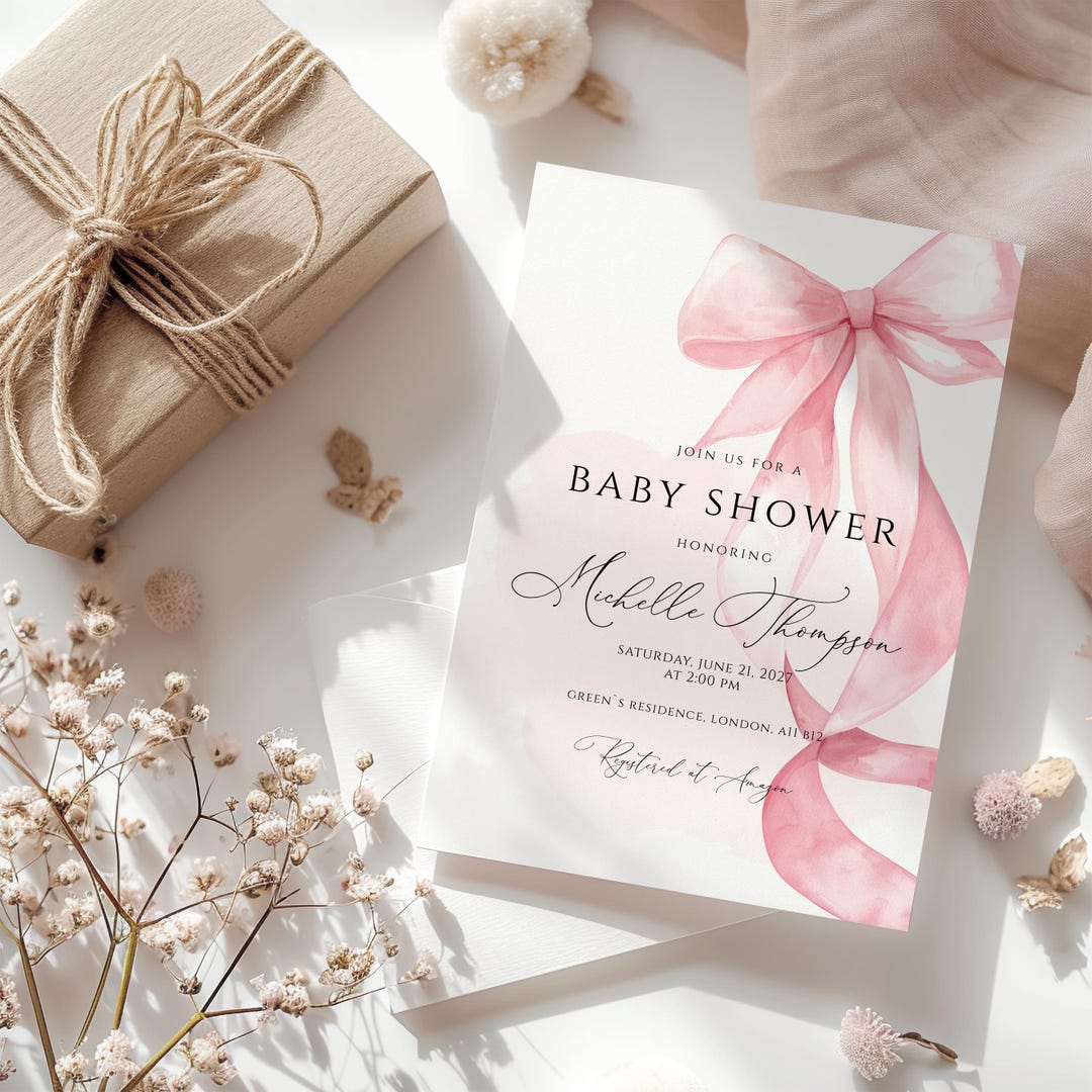 Blush Pink Bow Ribbon Baby Shower Invitation Card Template, Elegant ...