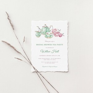 May include: A green and white tea set with pink roses and green leaves. The invitation reads "Please join us for a Bridal Shower Tea Party in honor of Willow Hall, Saturday August 27th at 1 PM, Grand Plaza Hotel, 110 W Broadway, New York, NY 10013, RSVP to Laura by August 1st, Registered at Target and Amazon."
