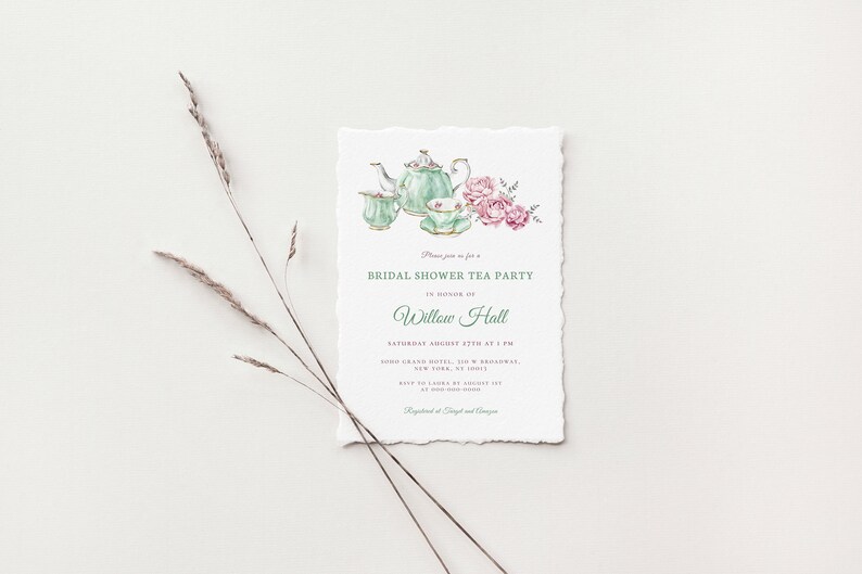 May include: A green and white tea set with pink roses and green leaves. The invitation reads "Please join us for a Bridal Shower Tea Party in honor of Willow Hall, Saturday August 27th at 1 PM, Grand Plaza Hotel, 110 W Broadway, New York, NY 10013, RSVP to Laura by August 1st, Registered at Target and Amazon."