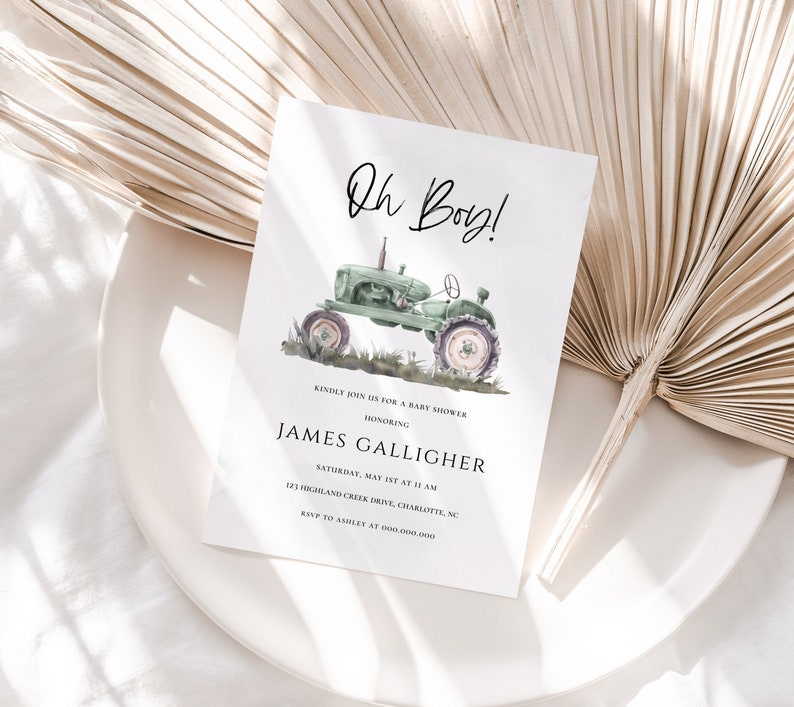 Oh Boy Baby Shower Invitation Template, Digital Download Green Tractor Watercolor Invite, Editable DIY Edit Yourself Farm Country, CORJL image 1