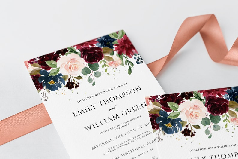 Burgundy Wedding Invitation Template, Floral Wedding Invitation, Burgundy Blush invitation, Printable invitation, Edit with CORJL image 2