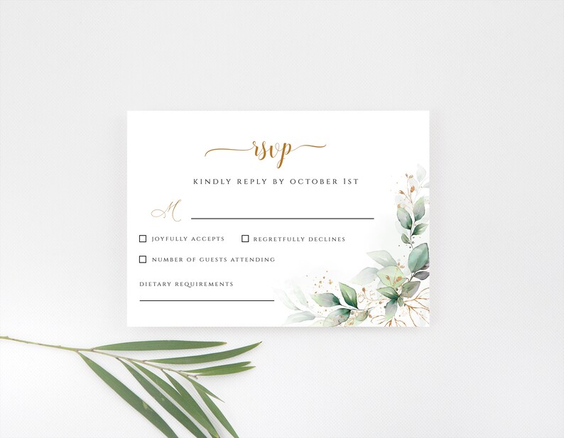 Greenery Foliage RSVP Card Template, Reception Card DIY Wedding Stationery Editable Kindly Reply card template, Edit with CORJL image 2