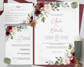 Burgundy Floral Wedding Invitation Template, Editable Bohemian Suite (Instant Download)