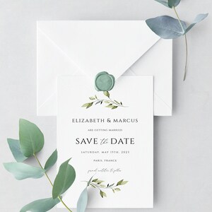 Greenery Save the Date Hochzeitseinladung, Datumsankündigungskartenvorlage, Empfangseinladungsvorlage, digitaler Download, Bearbeiten mit Corjl Bild 2