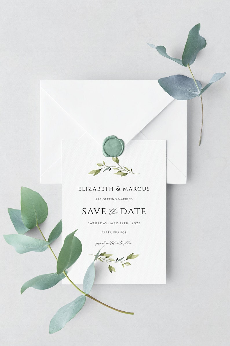 Greenery Save the Date Hochzeitseinladung, Datumsankündigungskartenvorlage, Empfangseinladungsvorlage, digitaler Download, Bearbeiten mit Corjl Bild 2