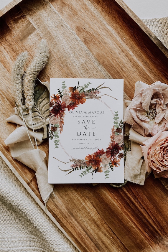 Rustic Floral Save The Date Card Template, Fall Wedding (Digital Download)