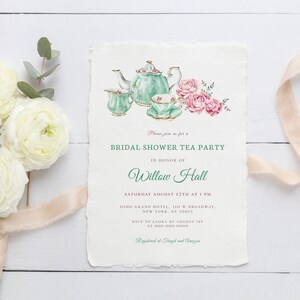 May include: Bridal shower tea party invitation with a watercolor illustration of a teapot, teacups, and pink roses. The invitation is on a textured paper background and includes the text "Please join us for a Bridal Shower Tea Party in honor of Willow Hall, Saturday August 27th at 1 PM, Soho Grand Hotel, 300 W Broadway, New York, NY 10013, RSVP to Sarah by August 1st at 000-000-0000, Registered at Target and Amazon."