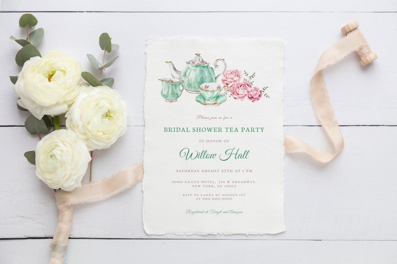 May include: Bridal shower tea party invitation with a watercolor illustration of a teapot, teacups, and pink roses. The invitation is on a textured paper background and includes the text "Please join us for a Bridal Shower Tea Party in honor of Willow Hall, Saturday August 27th at 1 PM, Soho Grand Hotel, 300 W Broadway, New York, NY 10013, RSVP to Sarah by August 1st at 000-000-0000, Registered at Target and Amazon."