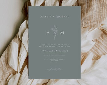 Sage Green Wedding Invitation Template, Modern Bohemian Green Invitation, Elegant Sage and Olive Green invite, Editable Printable Template