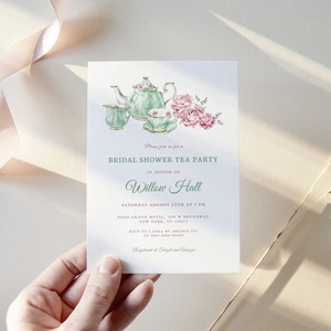 May include: A green and white teacup and teapot set with pink roses, a bridal shower tea party invitation for Willow Hall, Saturday August 27th at 1 PM at the Boro Grand Hotel, 310 Broadway, New York, NY 10013. RSVP to Laura by August 15th. Registered at Target and Amazon.
