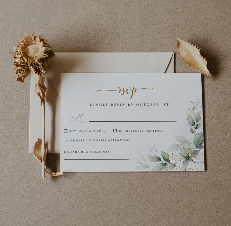 Greenery Foliage RSVP Card Template, Reception Card DIY Wedding Stationery Editable Kindly Reply card template, Edit with CORJL image 1