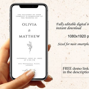 May include: A digital wedding invitation template for Olivia and Matthew. The invitation features a simple floral design and the text "The pleasure of your company is requested at the wedding of Olivia & Matthew. Saturday, June 21, 2023 at 2:00 PM. One Whitehall Place, London."