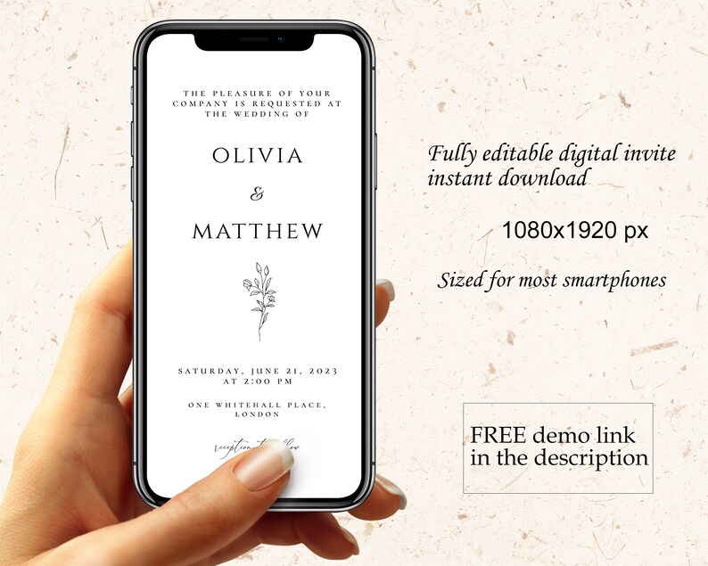 May include: A digital wedding invitation template for Olivia and Matthew. The invitation features a simple floral design and the text "The pleasure of your company is requested at the wedding of Olivia & Matthew. Saturday, June 21, 2023 at 2:00 PM. One Whitehall Place, London."