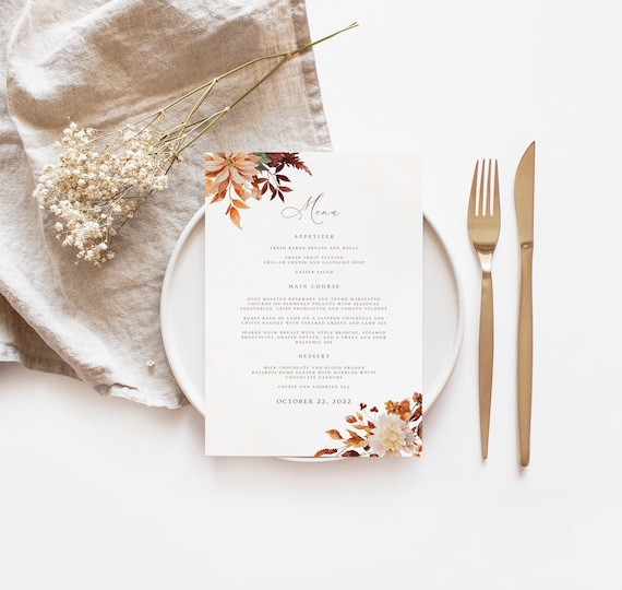 Fall Wedding Menu Template, Autumn Foliage, Editable Printable (CORJL)