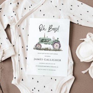 Oh Boy Baby Shower Invitation Template, Digital Download Green Tractor Watercolor Invite, Editable DIY Edit Yourself Farm Country, CORJL image 2