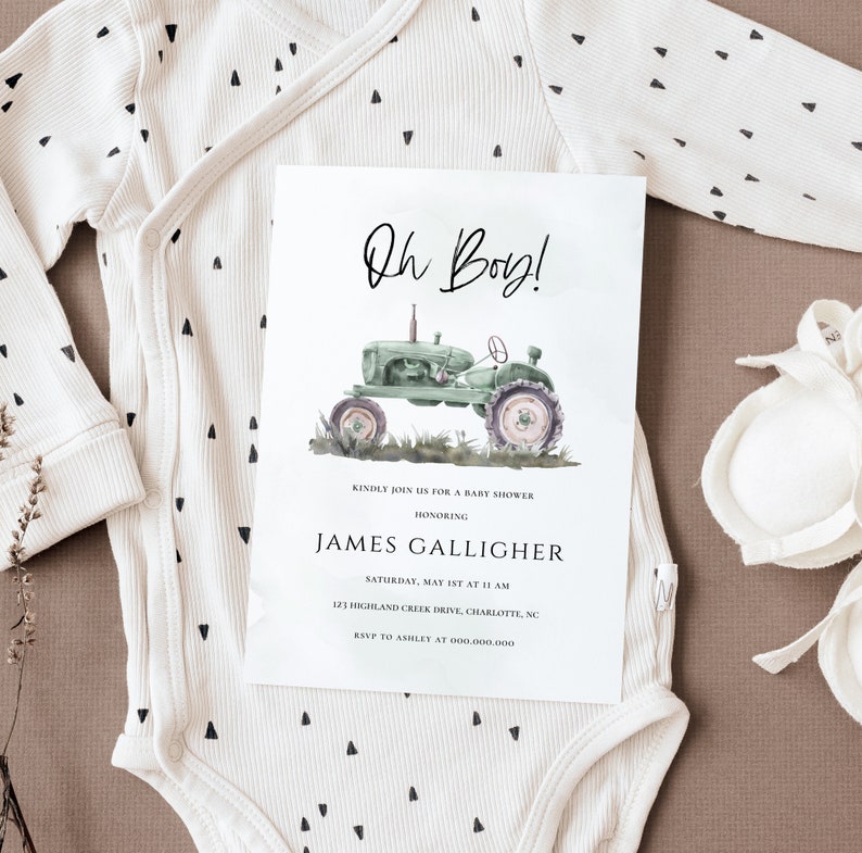 Oh Boy Baby Shower Invitation Template, Digital Download Green Tractor Watercolor Invite, Editable DIY Edit Yourself Farm Country, CORJL image 2