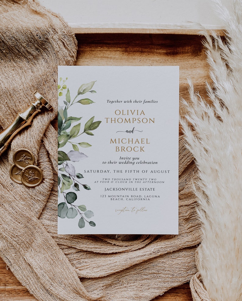 Watercolor Eucalyptus Wedding Invitation, Greenery Wedding invite, Instant Download, Editable printable template, Boho Wedding card image 2