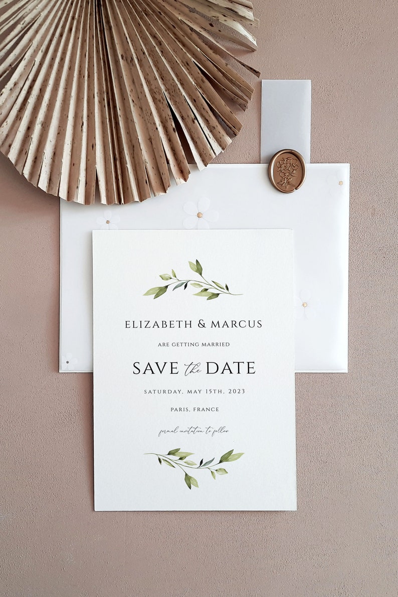 Greenery Save the date wedding invitation, Date Announcement card template, Reception invitation template, Digital download, Edit with Corjl image 1