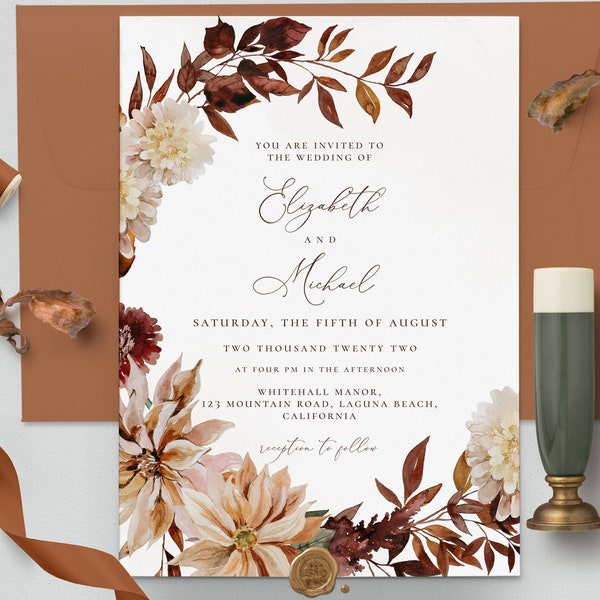 Rustic Fall Wedding Invitation Template, Autumn Leaves and Greenery, Download Editable Invite, Printable Marriage, Boho Wedding Invite