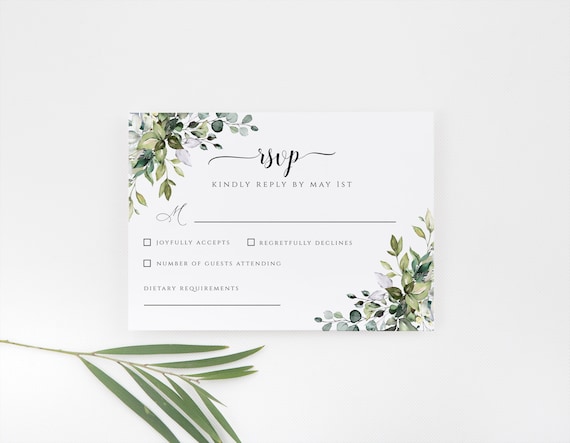 Greenery Wedding RSVP Card Template – Editable DIY Stationery (Instant Download)
