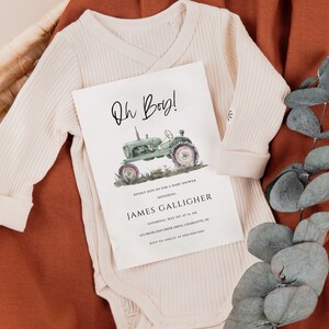 Oh Boy Baby Shower Invitation Template, Digital Download Green Tractor Watercolor Invite, Editable DIY Edit Yourself Farm Country, CORJL image 3