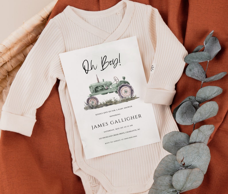 Oh Boy Baby Shower Invitation Template, Digital Download Green Tractor Watercolor Invite, Editable DIY Edit Yourself Farm Country, CORJL image 3