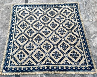 Vintage Aubusson Rug Handmade Rug Living Room Rug Crewel Rug Needle Point Rug French Rug Oriental Rug Wool Rug Square Blue Rug 133 x 133 cm
