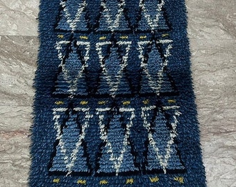 Puede incluir: Una alfombra azul y blanca con estampado geométrico y flecos en los extremos. La alfombra tiene una superficie texturizada y peluda.