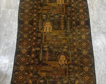 Alfombra afgana vintage pictórica, anudada a mano en lana (132 x 74 cm)