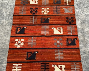 1960 Swedish Kilim Rug Scandinavian Rug Handmade Rug Pictorial Rug Polish Kilim Rug Wool Kilim Rug Wall Hanging Rug Wool Tapestry 121x82 cm