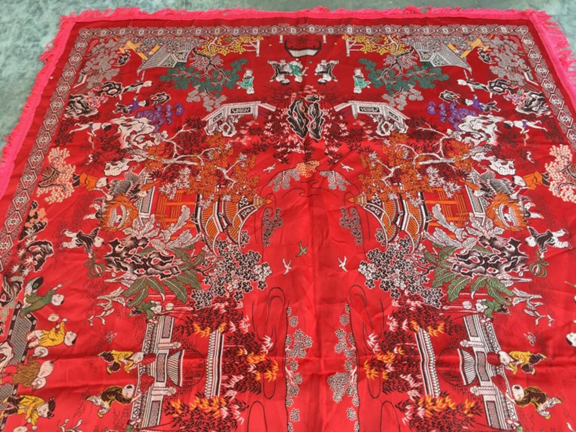 Vintage Chinese Tablecloth Print Tablecloth Pictorial Table Etsy UK