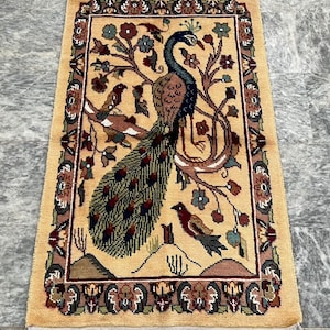 Afghan Rug Oriental Rug Wall Hanging Rug Tree Off Life  Rug Handmade Rug Hand Knotted Rug Wool Silk Rug Pictorial Rug Peacock Rug 125x77 cm