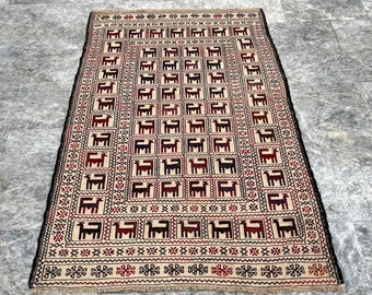 Hand Knotted Afghan Kilim Rug 4x6, Wool Pictorial Design