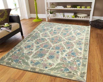 ホワイト装飾ラグ | ウール花柄ラグ | ハンドメイドタペストリーラグ