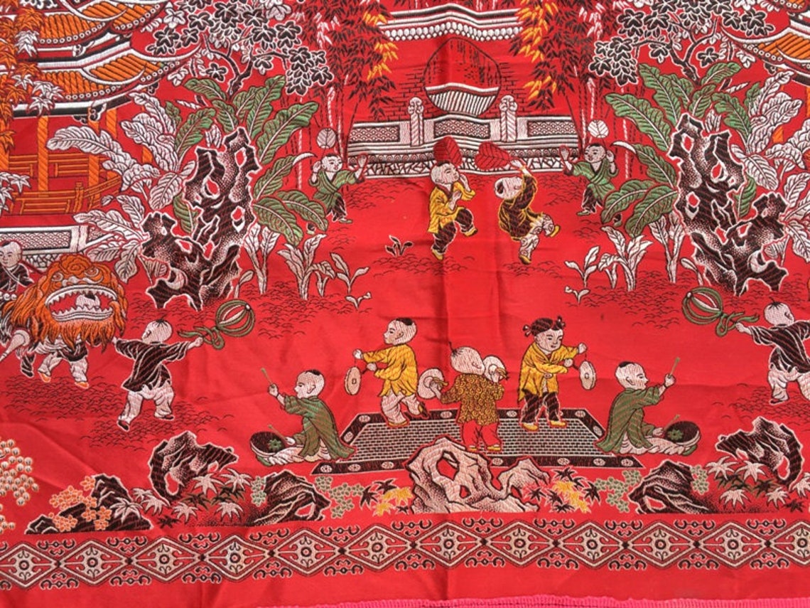Vintage Chinese Tablecloth Print Tablecloth Pictorial Table Etsy UK