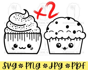 Paquete de archivos SVG de magdalenas y cupcakes, SVG, magdalenas, cupcakes, kawaii svg, comida linda svg, comida svg, PNG, pdf, comida kawaii svg, archivo cortado para cricut