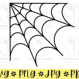 May include: A black and white line art design of a spider web corner. The web is in the shape of a corner with multiple lines radiating out from the corner.