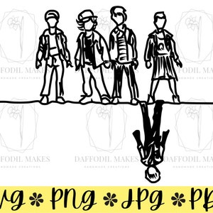 Puede incluir: Ilustración en blanco y negro de línea de arte de cuatro personas de pie en fila. Las personas están mirando hacia adelante y tienen rasgos simples. La persona en el extremo derecho está boca abajo, lo que sugiere que está cayendo en un portal.