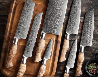 Damascus Chef Knife 7 Pieces Set -Best Gift- Damascus Kitchen Knives Set High Quality Steel Perfect Gift for love - Gift For Her